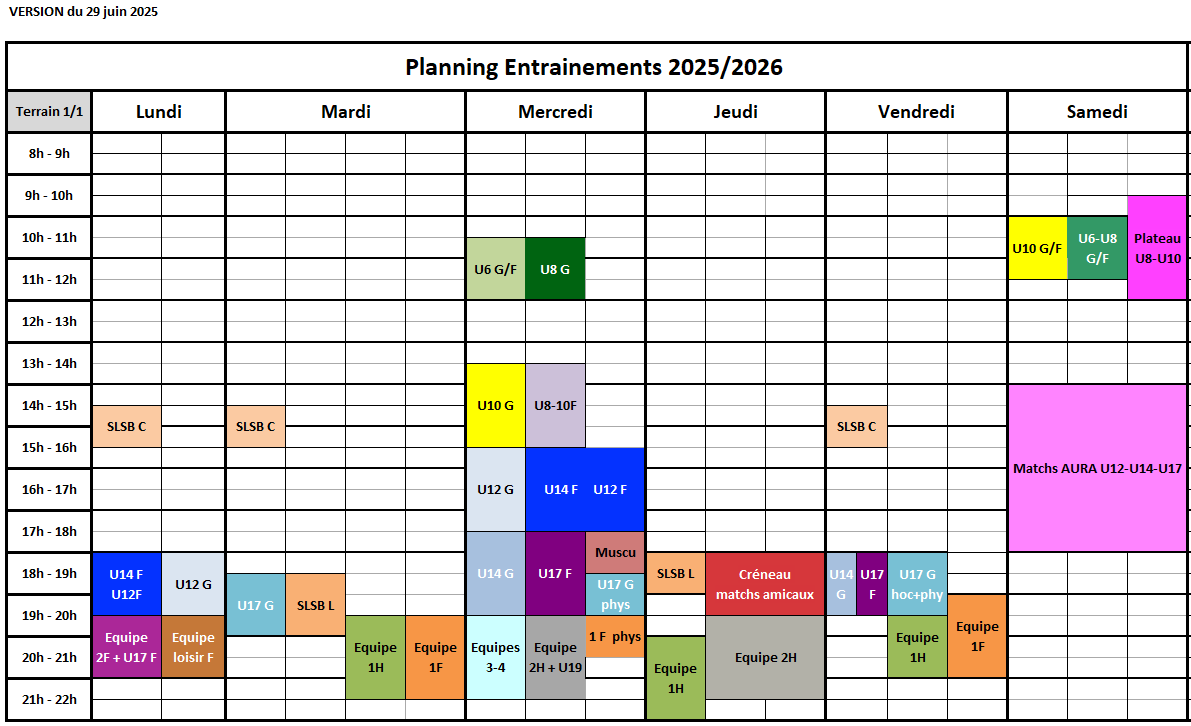 Planning d'entrainement des équipes 2025-2026